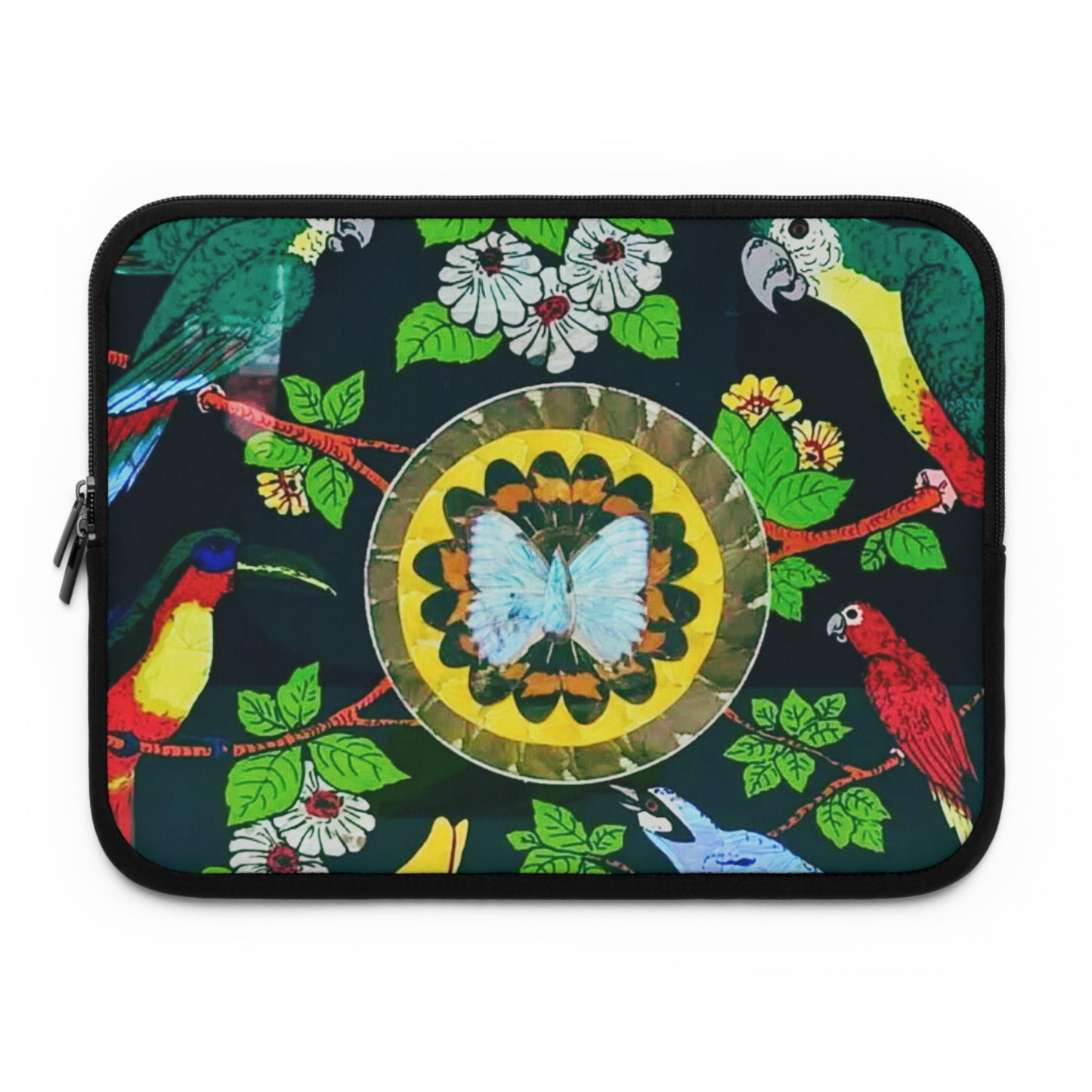 Tropical Laptop Sleeve, 5 Sizes - Perfect for Beach Lovers & Students / Parrots & Real Butterfly Wings Art