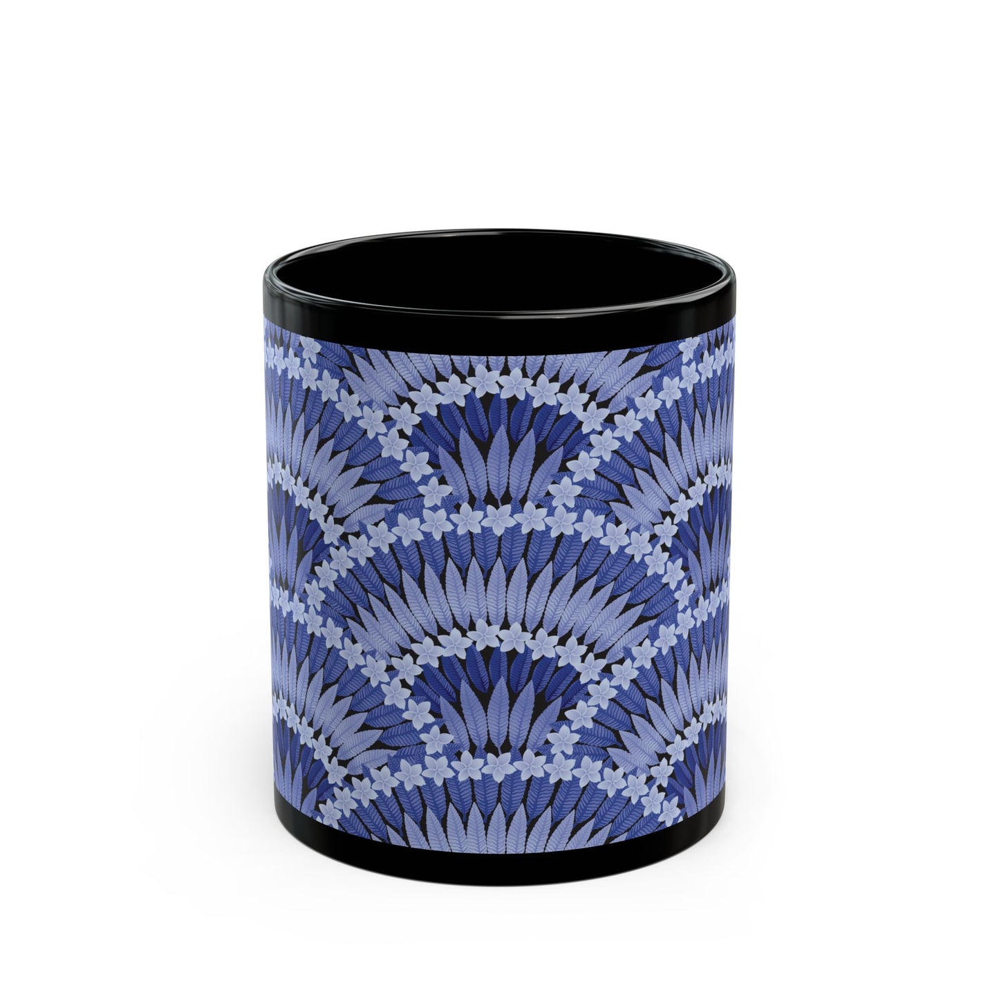 Black Mug (11oz, 15oz), Plumeria and Palms, Navy Blue