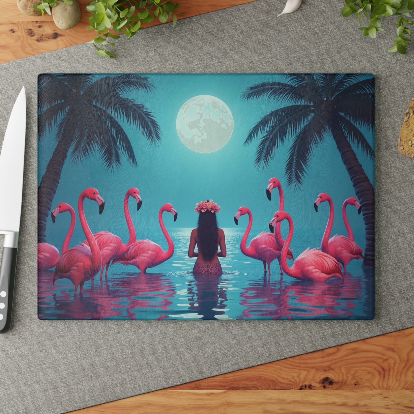 Glass Cutting Board, 2 sizes - Moonlit Mermaid and Flamingos