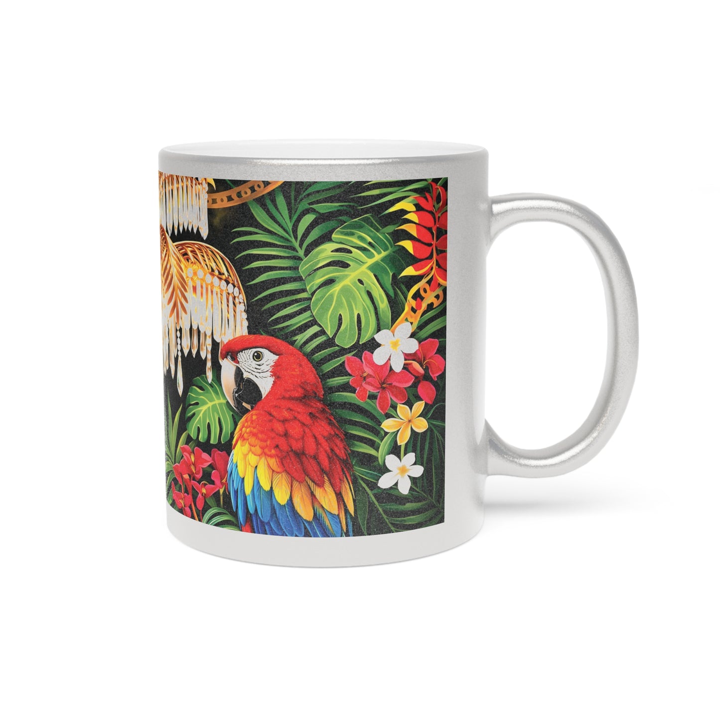 Tropical Chandelier Metallic Mug — Gold & Silver Floral Travel Coffee Cup