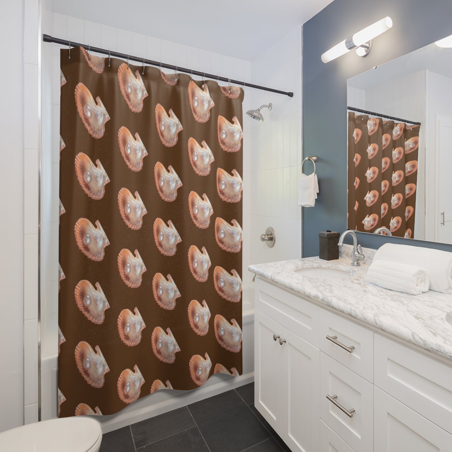 Tropical Shower Curtain - Ocean Bathroom Decor / Lavender Freshwater Pearl/Brown