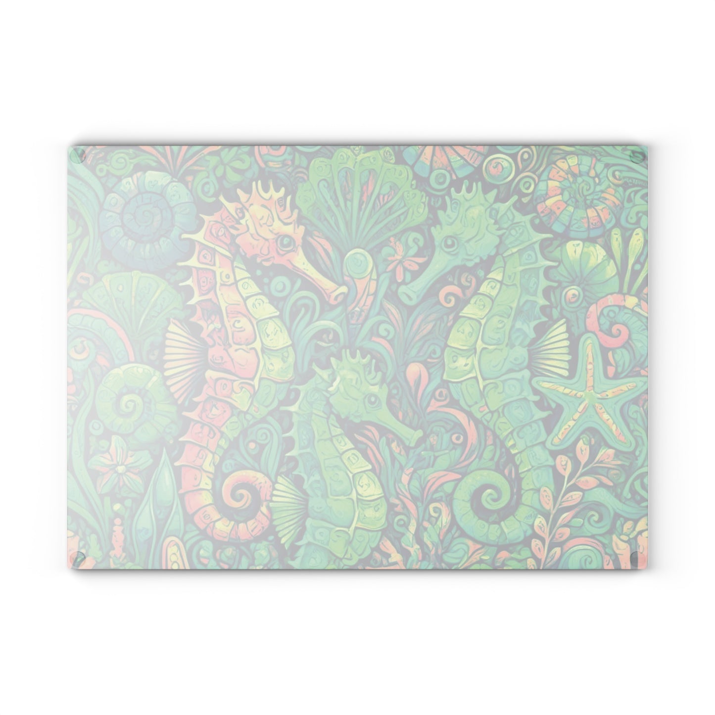 Glass Cutting Board, 2 sizes - Seahorses, Lime