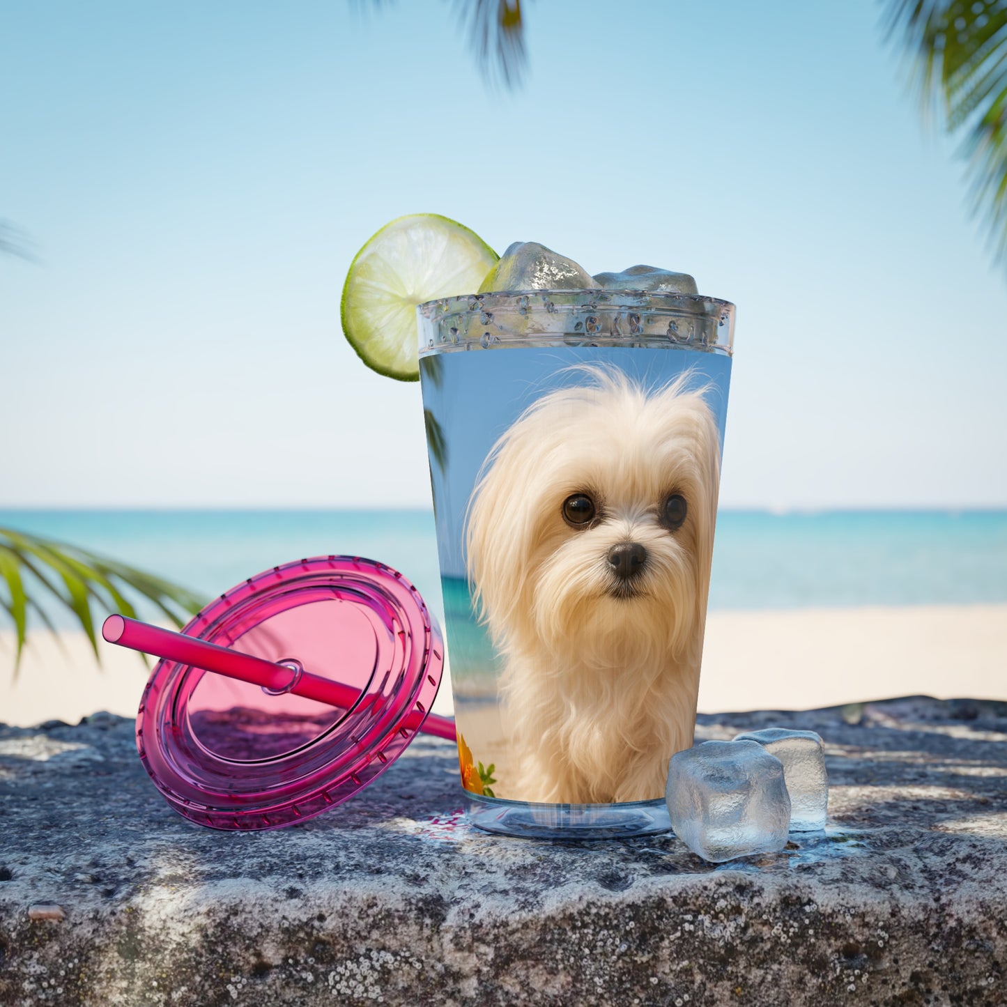 Tropical Tumbler with Straw | 16oz Colorful Travel Cup / Puppy Ariel at the Beach
