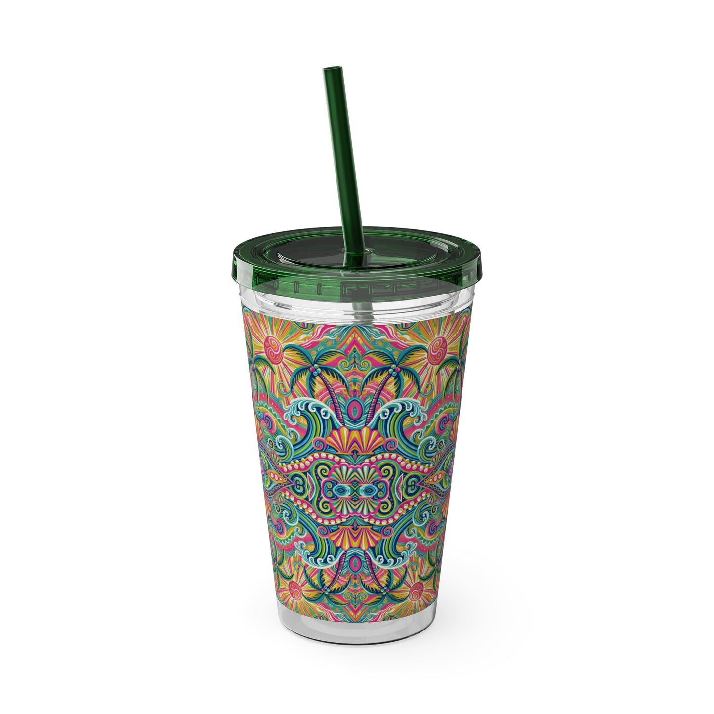 Tropical Tumbler with Straw | 16oz Colorful Travel Cup / Kaleido Bay