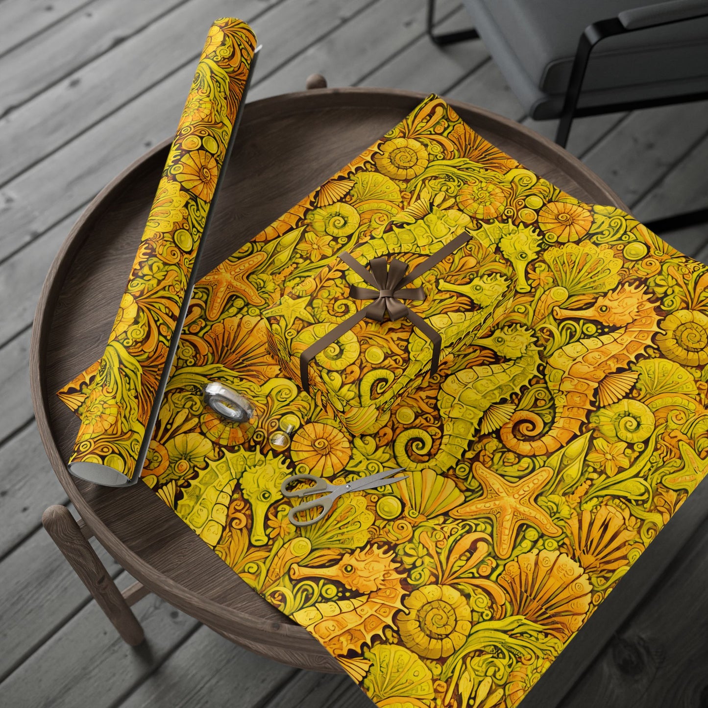 Wrapping Paper - Tropical Gift Wrap for All Occasions, 3 Sizes/2 Finishes / Seahorses, Yellow