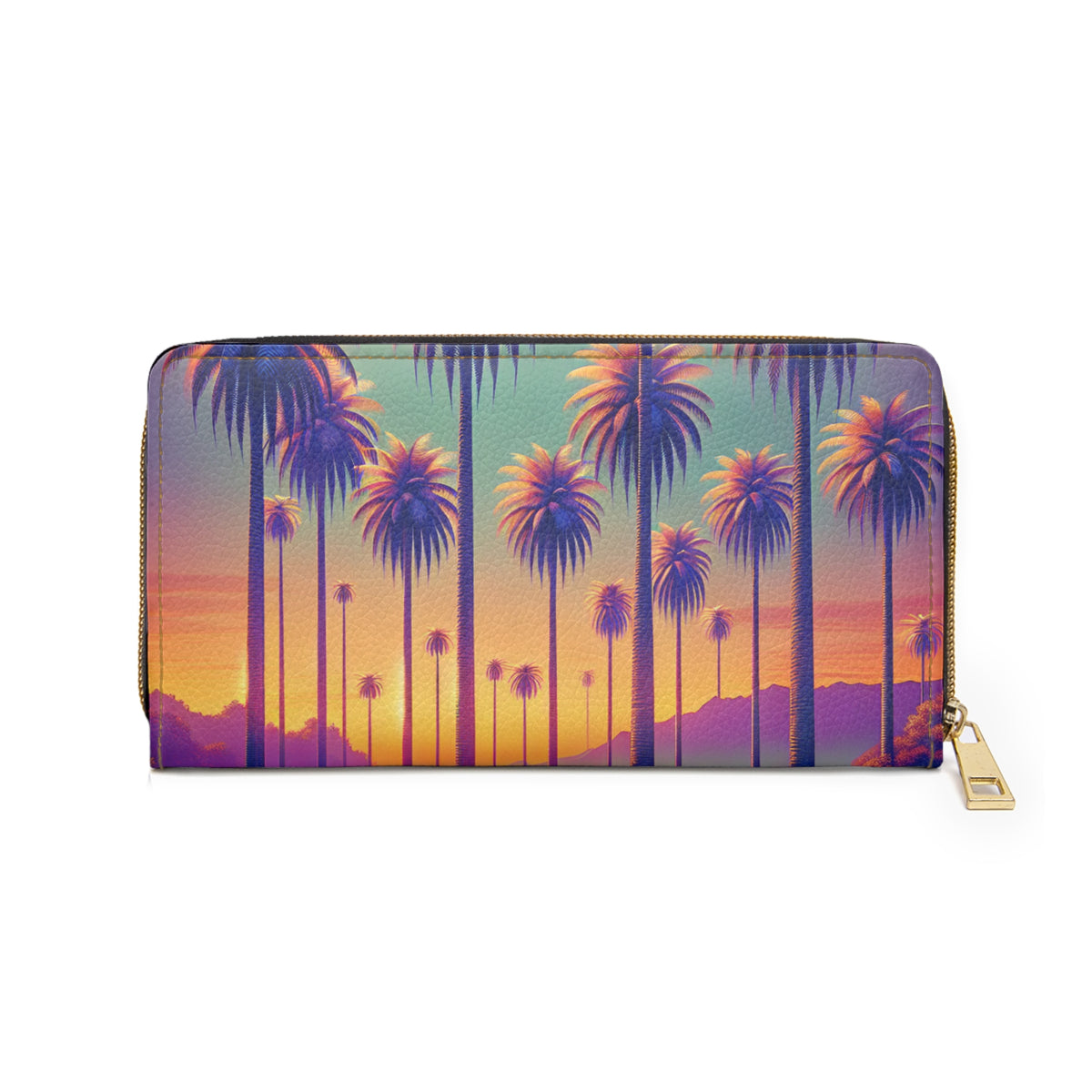 Tropical Zipper Wallet, Faux Leather / Vibrant Clutch / Sunset Palms