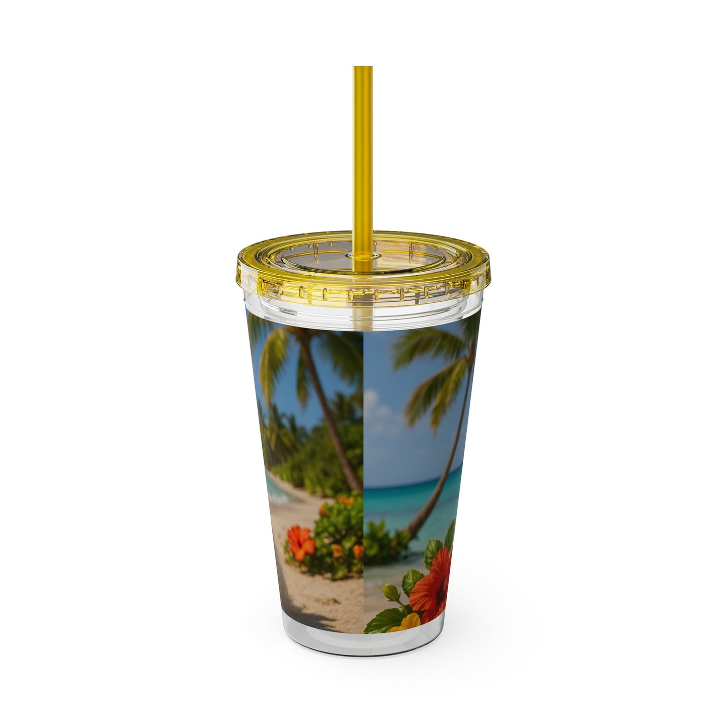 Tropical Tumbler with Straw | 16oz Colorful Travel Cup / Puppy Ariel at the Beach