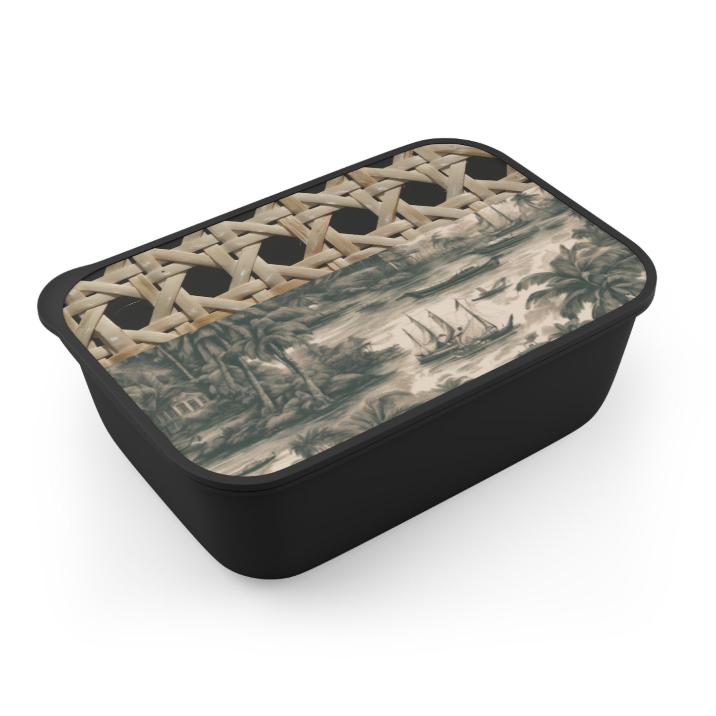 PLA Bento Box with Utensils - Landscape Design  Wicker/Tropical Toile Black