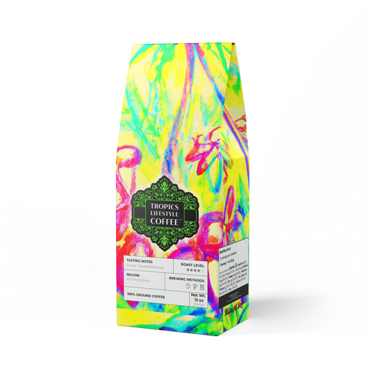 Midnight Surf Blend™ (Medium-Dark Roast) Specialty Grade Craft Coffee / Tropical Doodles, Yellow
