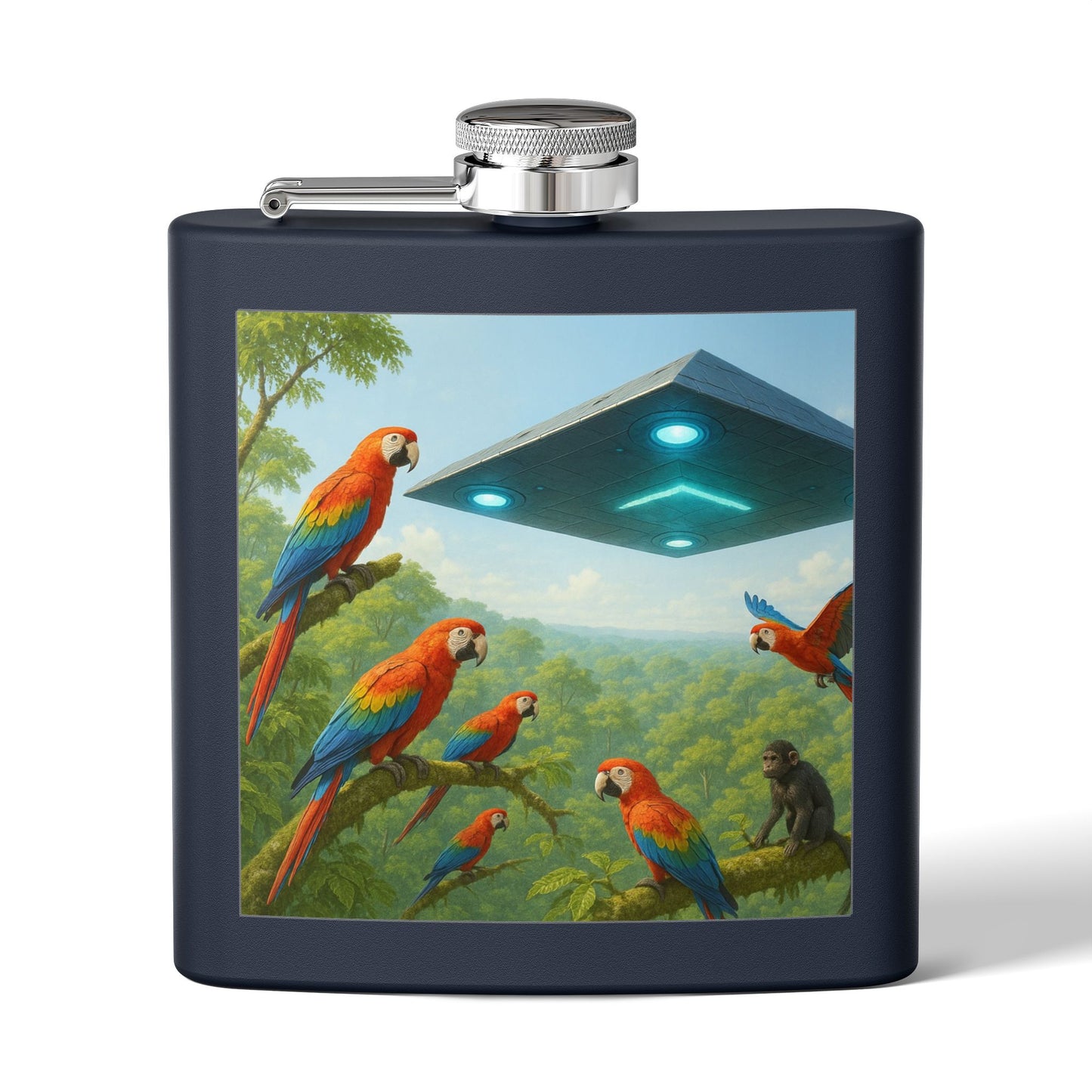 Tropical Stainless Steel 6 oz. Flask, Many Colors  – UFO and Macaws