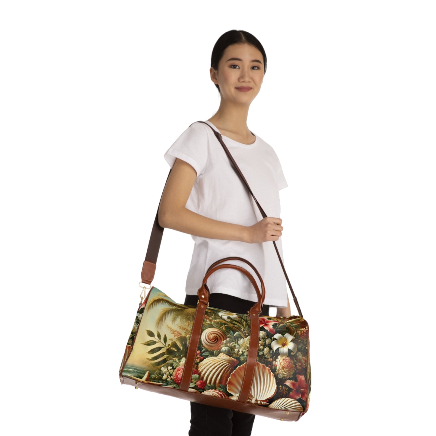 Tropical Waterproof Travel Bag - Perfect for Beach Getaways / Shells and Flowers