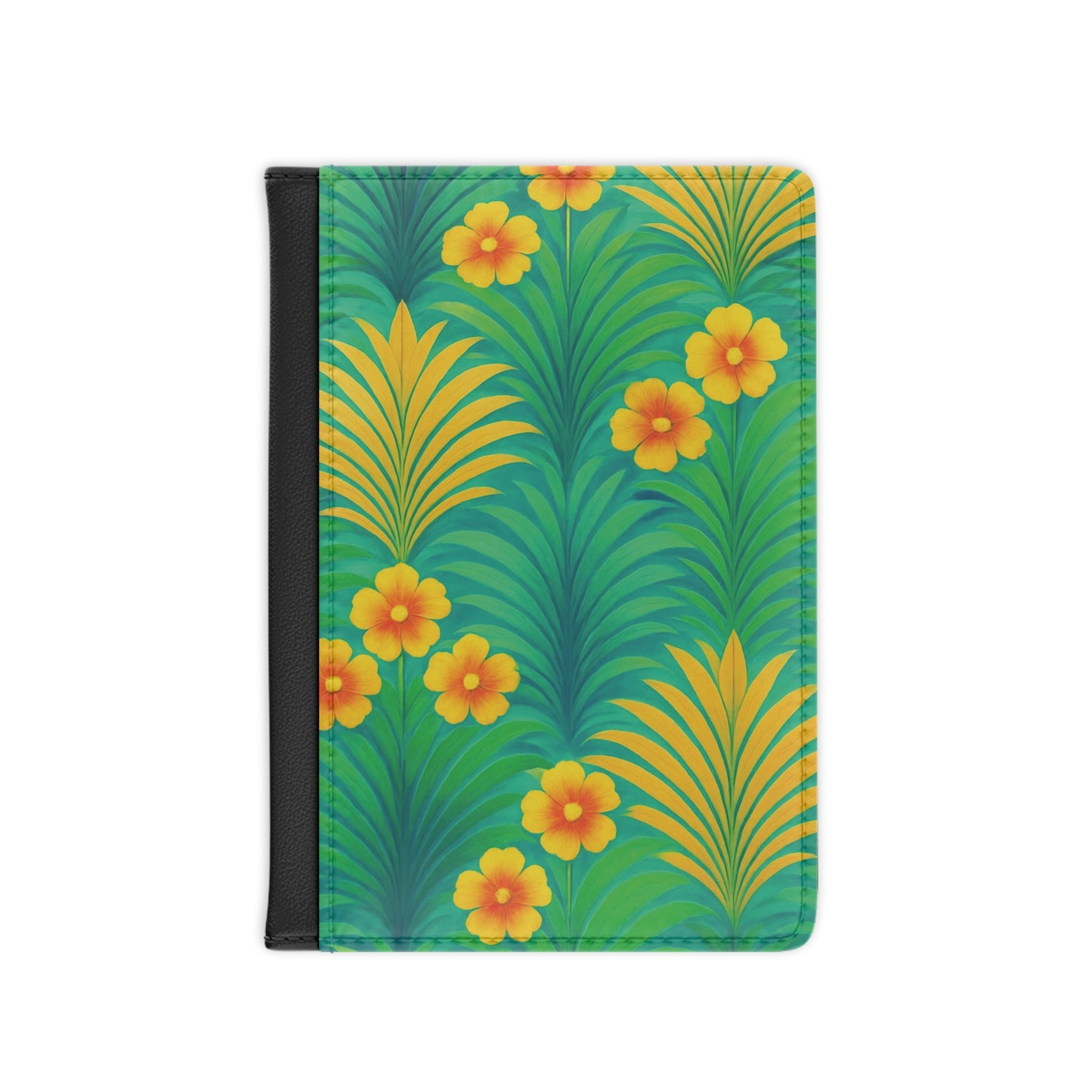 Tropical Passport Cover, Faux Leather - RFID blocking for travel security / Sunrise Palms, Green