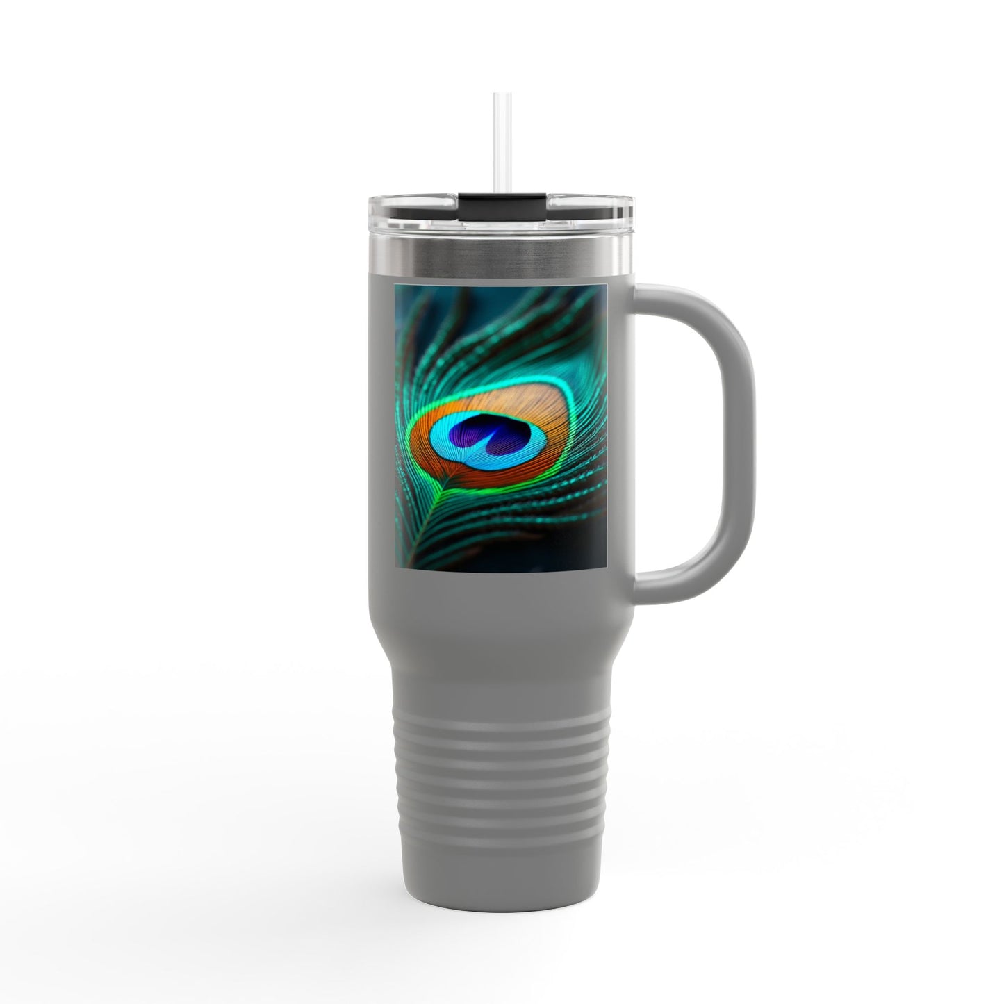 Insulated Travel Mug, 40oz / Peacock Eye Feather, Turquoise- Perfect for Outdoor Adventures