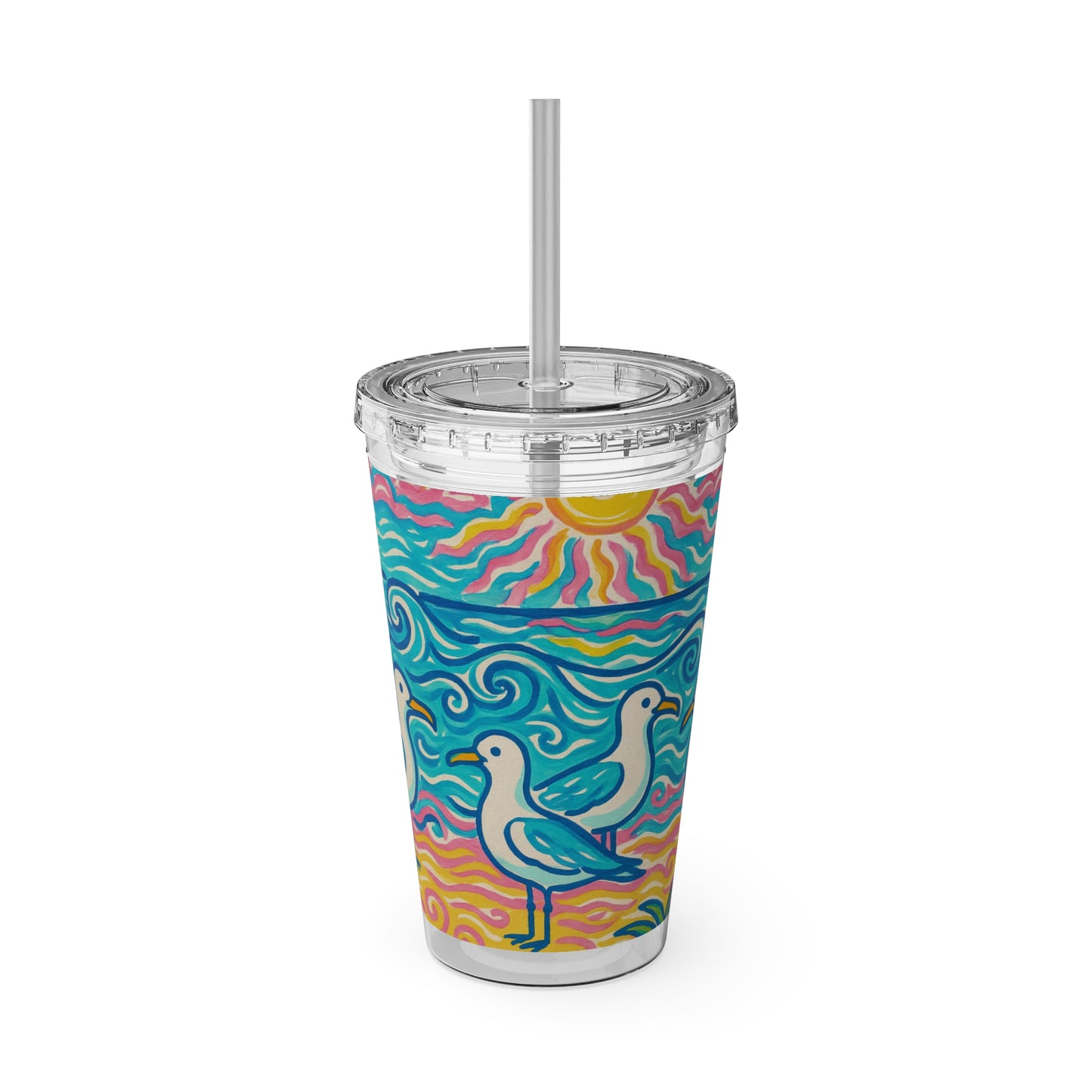 Tropical Tumbler with Straw | 16oz Colorful Travel Cup / Tropical Beach Seagulls