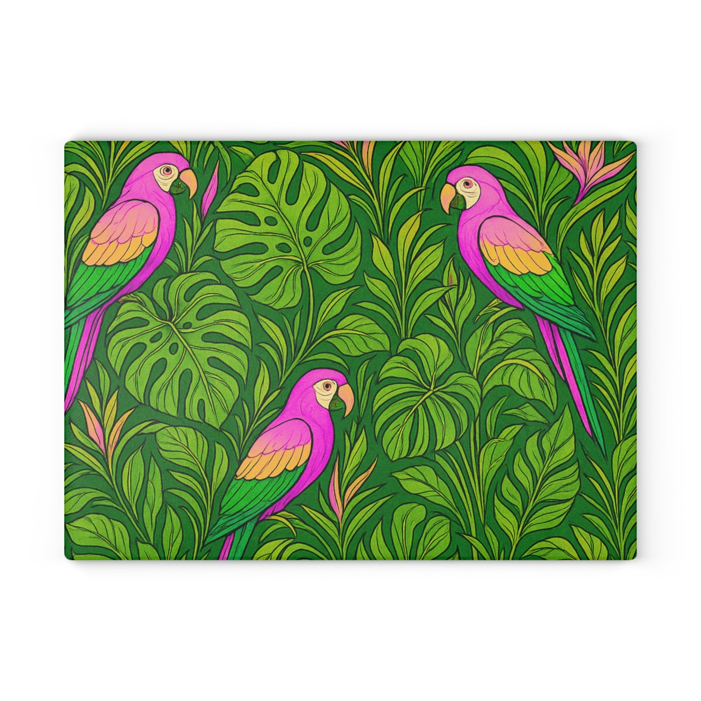 Glass Cutting Board, 2 sizes - Parrot Family/Pink