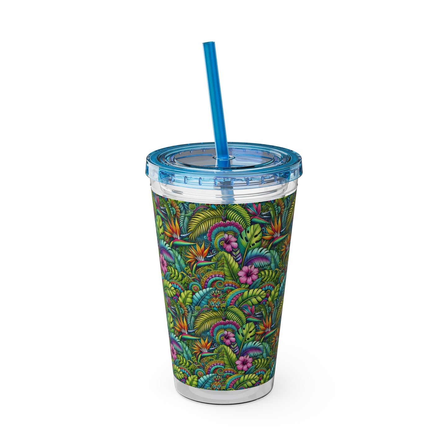 Tropical Tumbler with Straw | 16oz Colorful Travel Cup / Rainforest Blooms