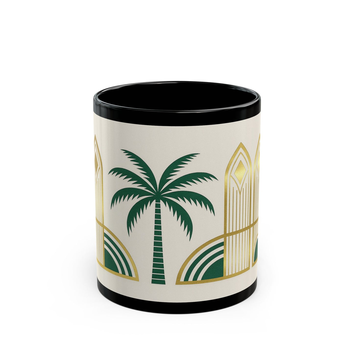 Art Deco Palm Black Mug – Tropical Vintage Coffee Cup (11oz/15oz)
