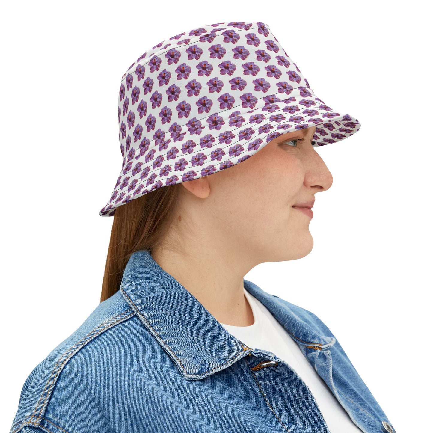 Tropical Polyester Bucket Hat, 2 Sizes - Purple Hibiscus/MICRO