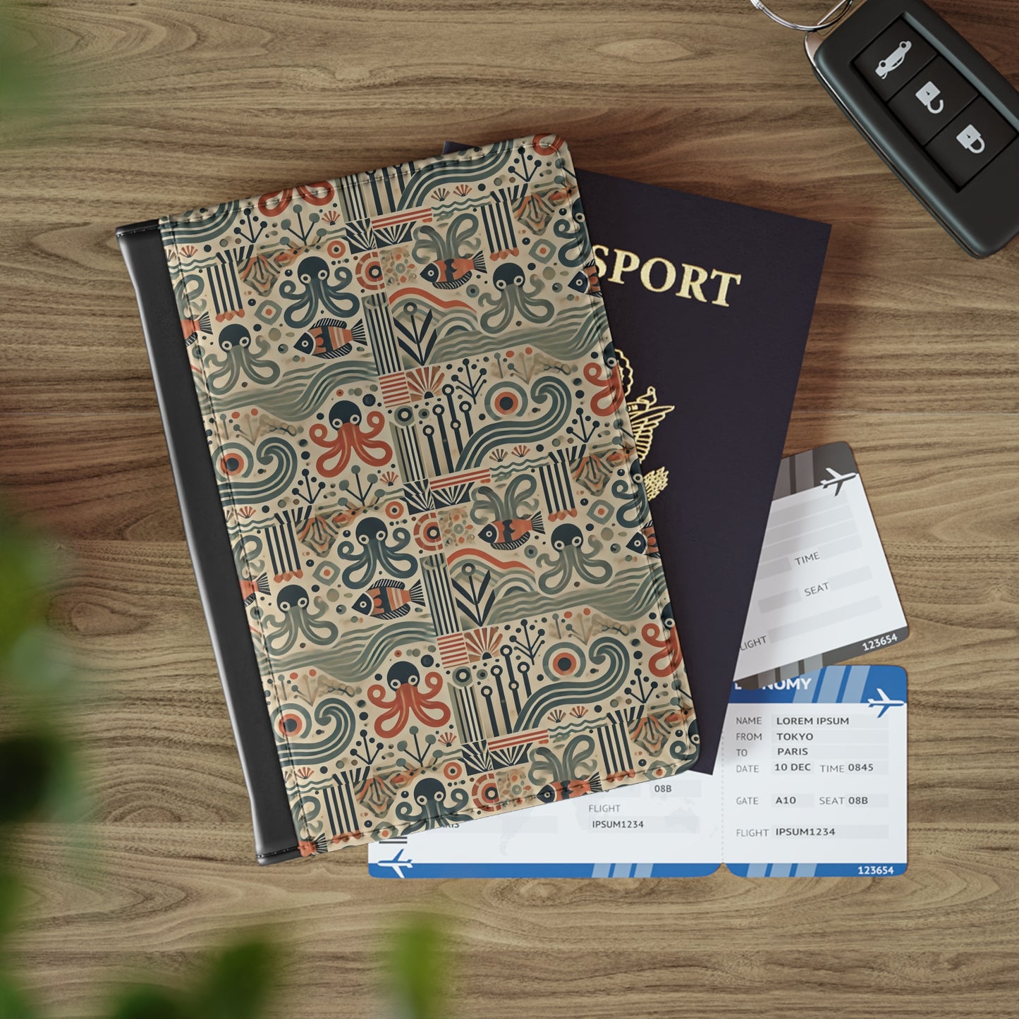 Tropical Passport Cover, Faux Leather - RFID blocking for travel security / Mid-Century Octopus