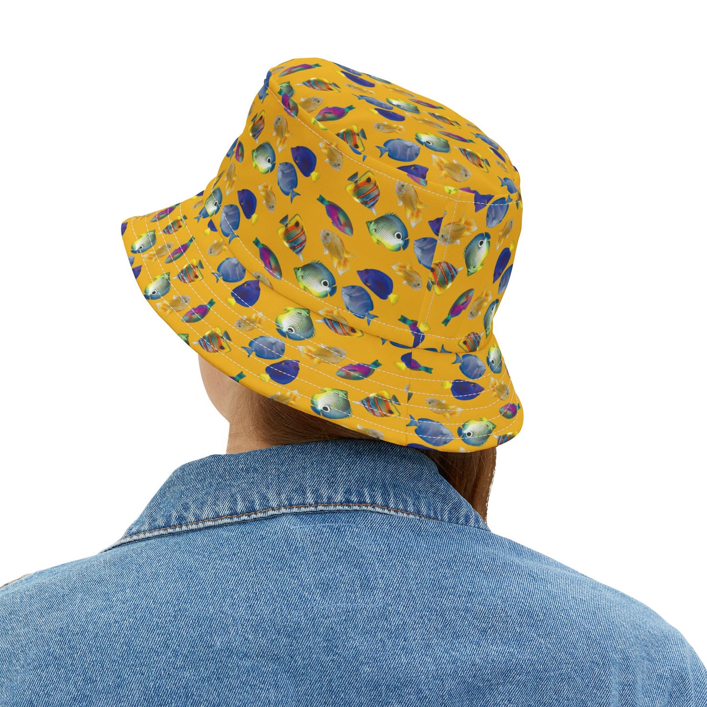 Tropical Polyester Bucket Hat, 2 Sizes - School of Fish / Yellow