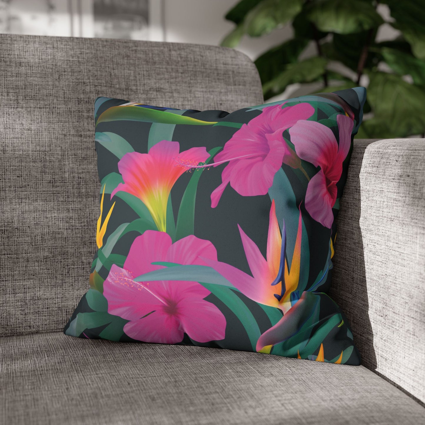 Faux Suede Square Pillowcase - Tropical Floral Beauties