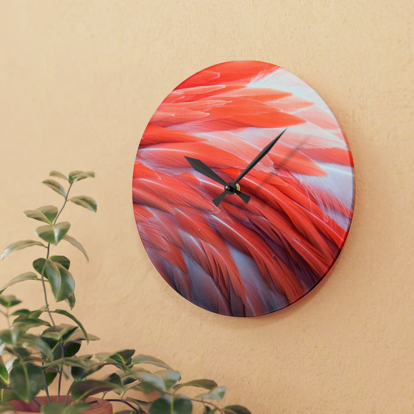 Acrylic Wall Clock, Real Flamingo Feathers