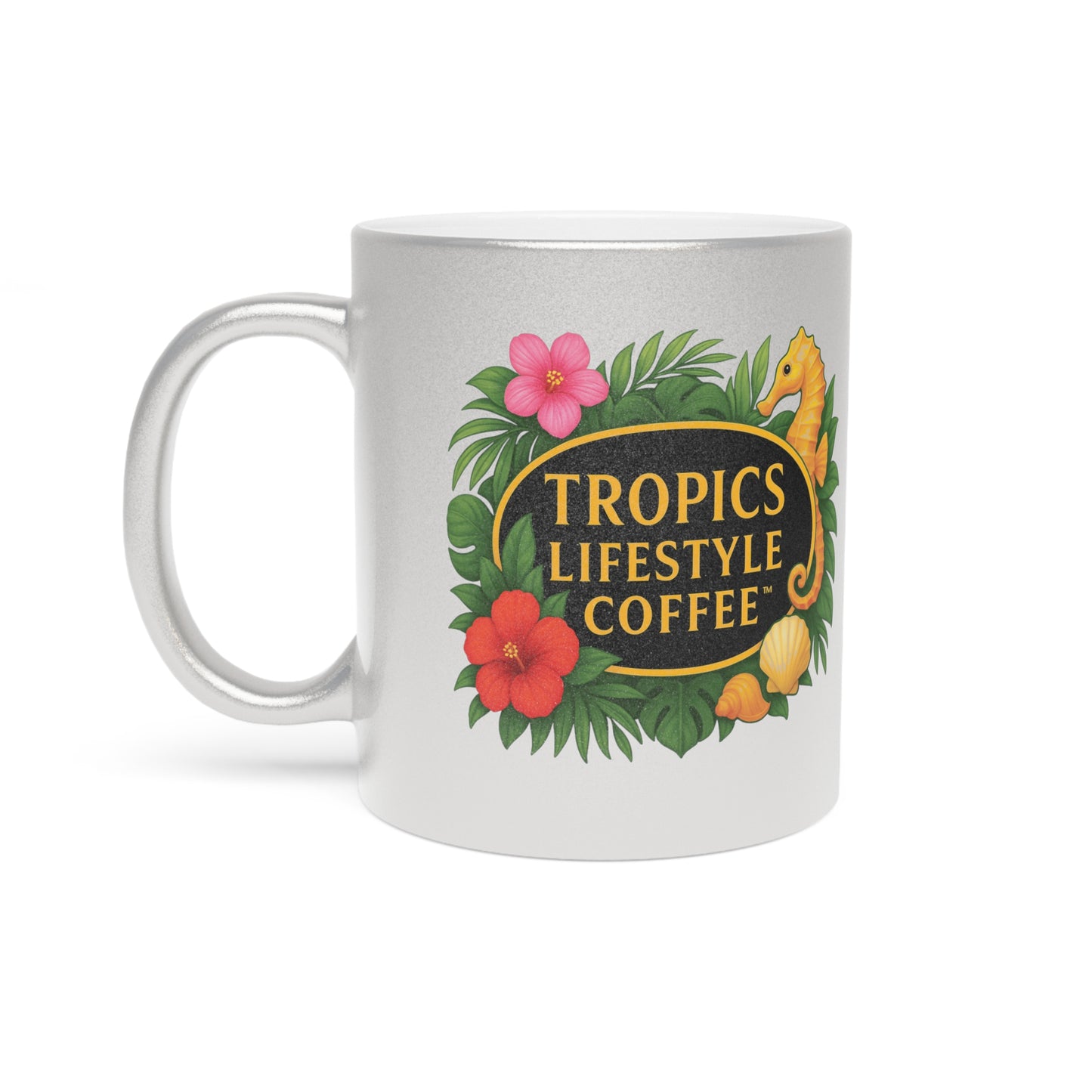 Tropical Metallic Mug, Gold or Silver - TLCoffee Seahorse Logo