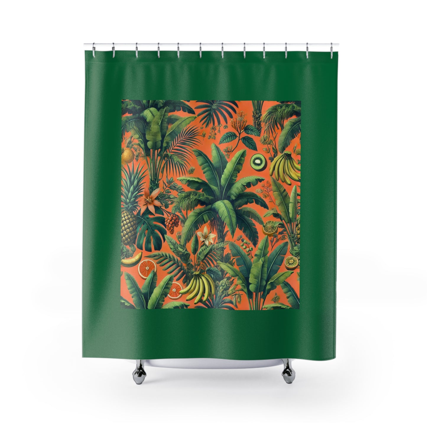 Palm Tree Shower Curtain - Ocean Bathroom Decor / Tropical Fruit/Orange, Dark Green
