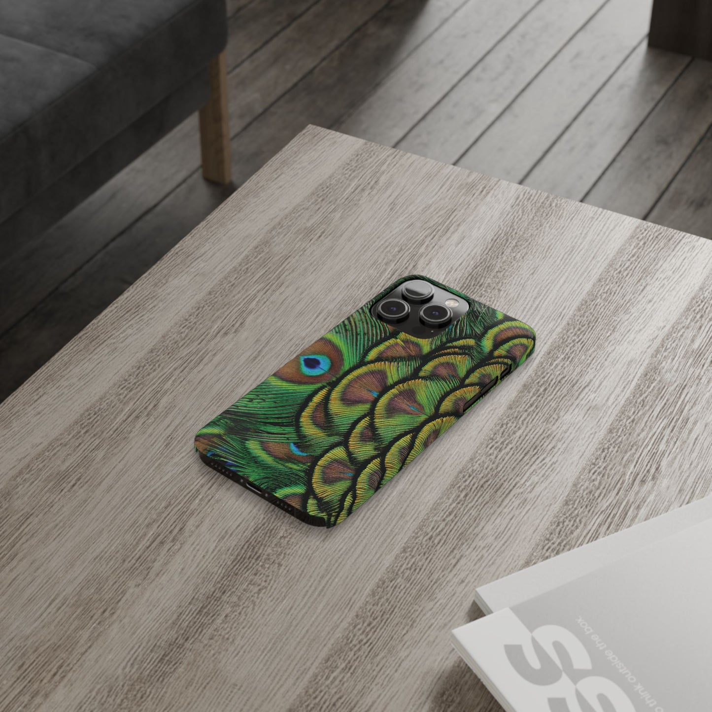 Slim Phone Cases - Brilliant Green Peacock Feathers