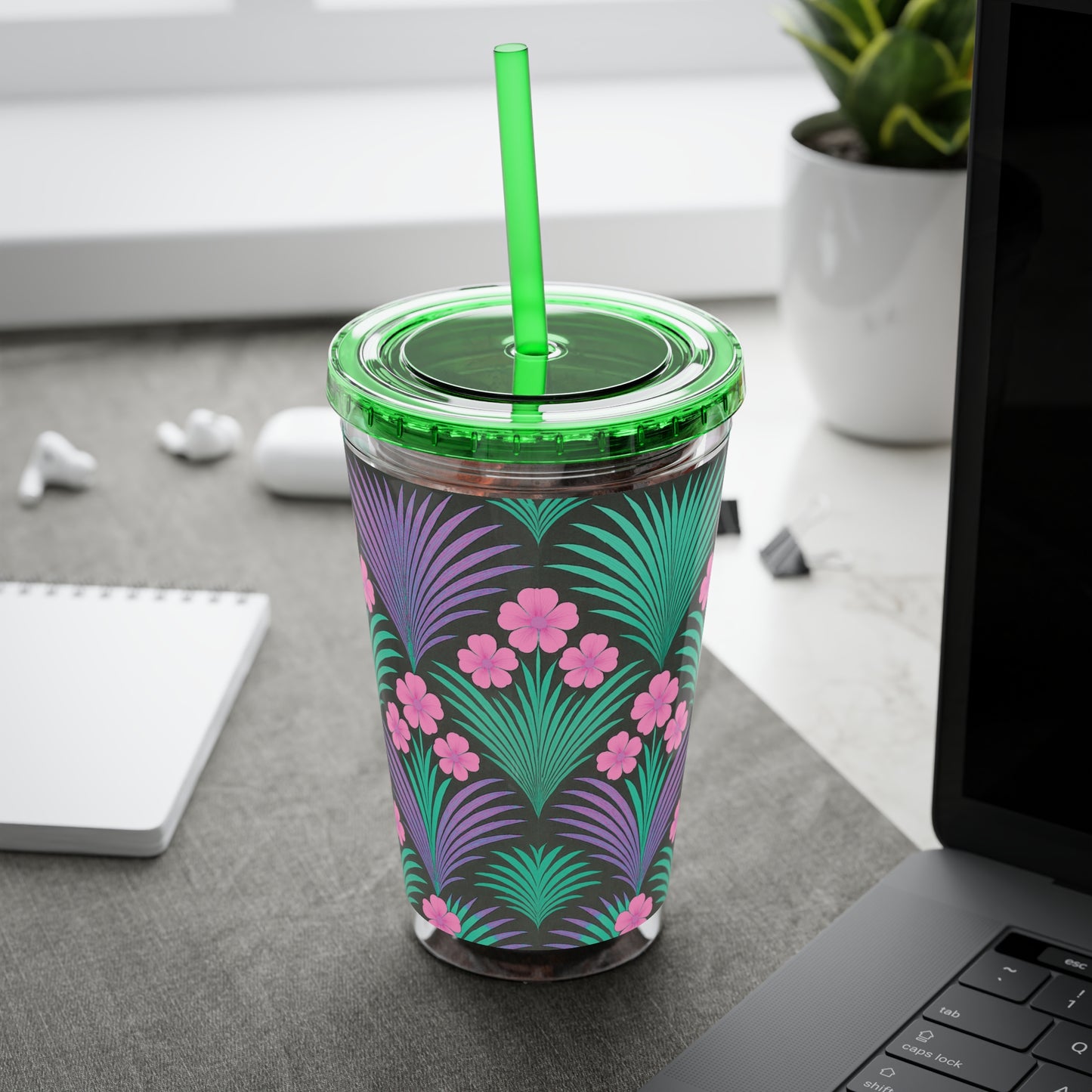 Tropical Tumbler with Straw | 16oz Colorful Travel Cup / Midnight Hibiscus Deco, Pink