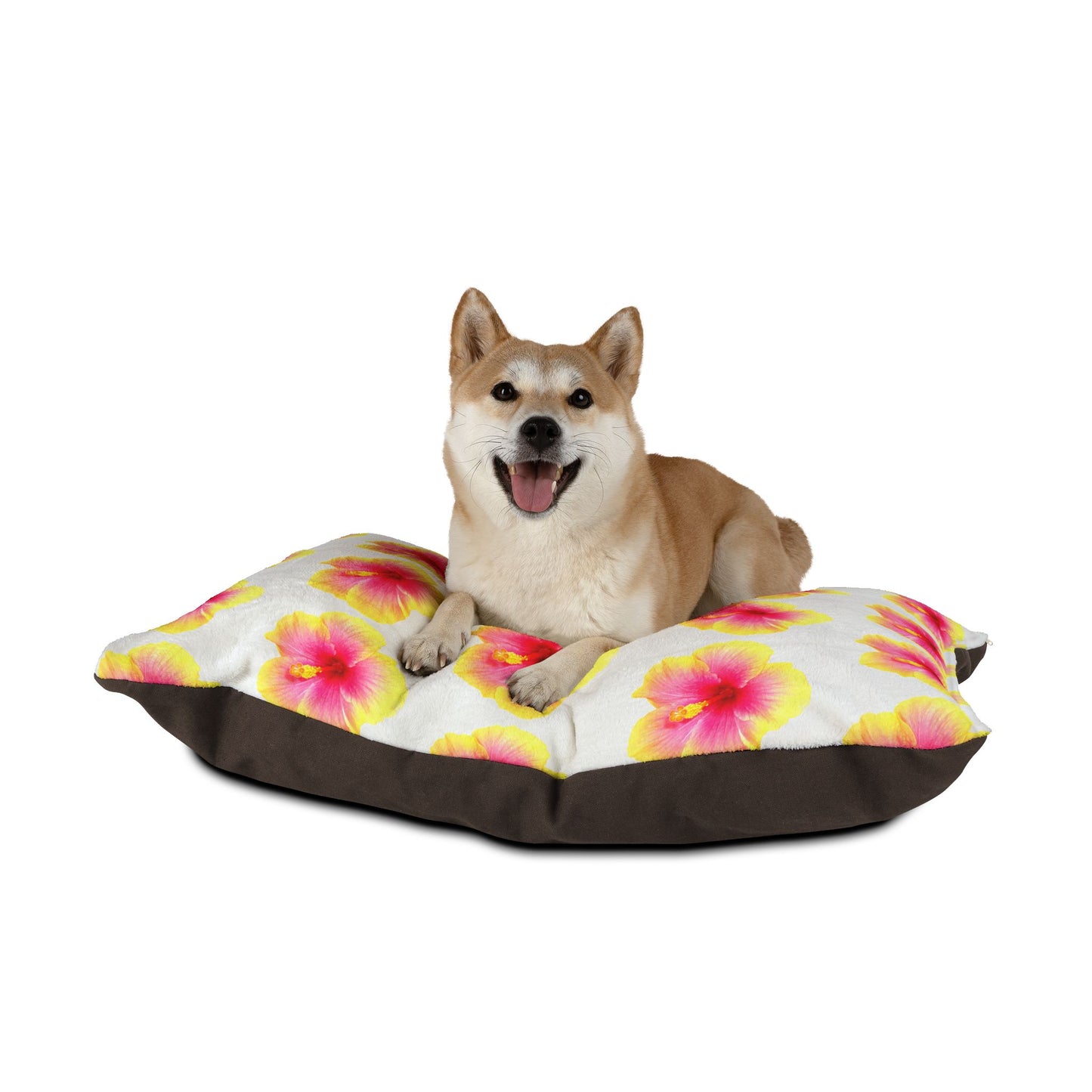 Pet Bed - Cozy and Fun Dog or Cat Bed for Beach Lovers / Real Yellow & Pink Hibiscus