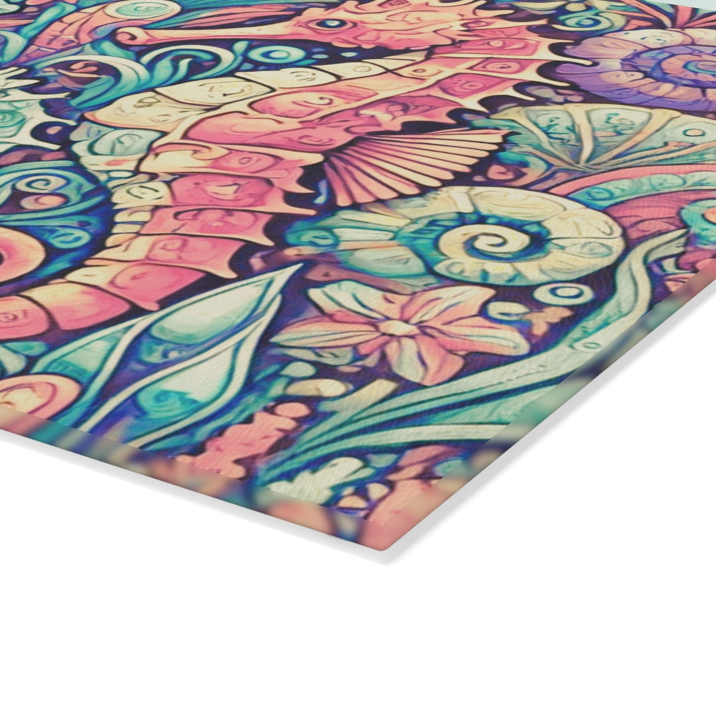 Glass Cutting Board, 2 sizes - Seahorses Retro
