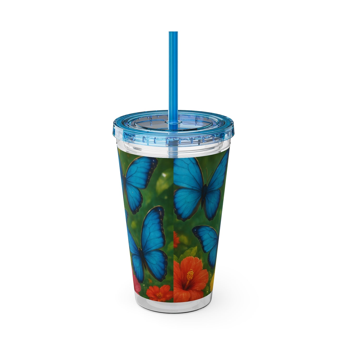 Tropical Tumbler with Straw | 16oz Colorful Travel Cup / Morpho Butterflies Flight