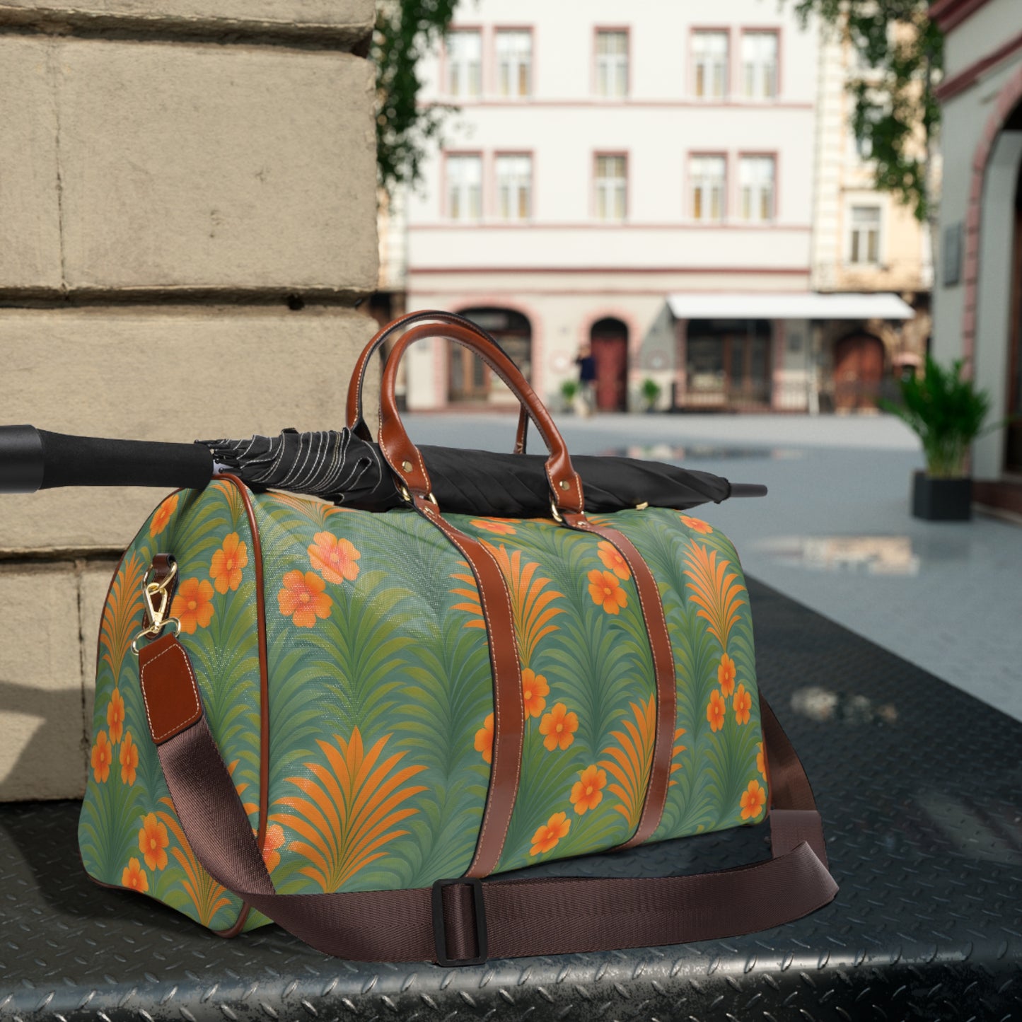 Tropical Waterproof Travel Bag - Perfect for Beach Getaways / Sunrise Palms, Orange