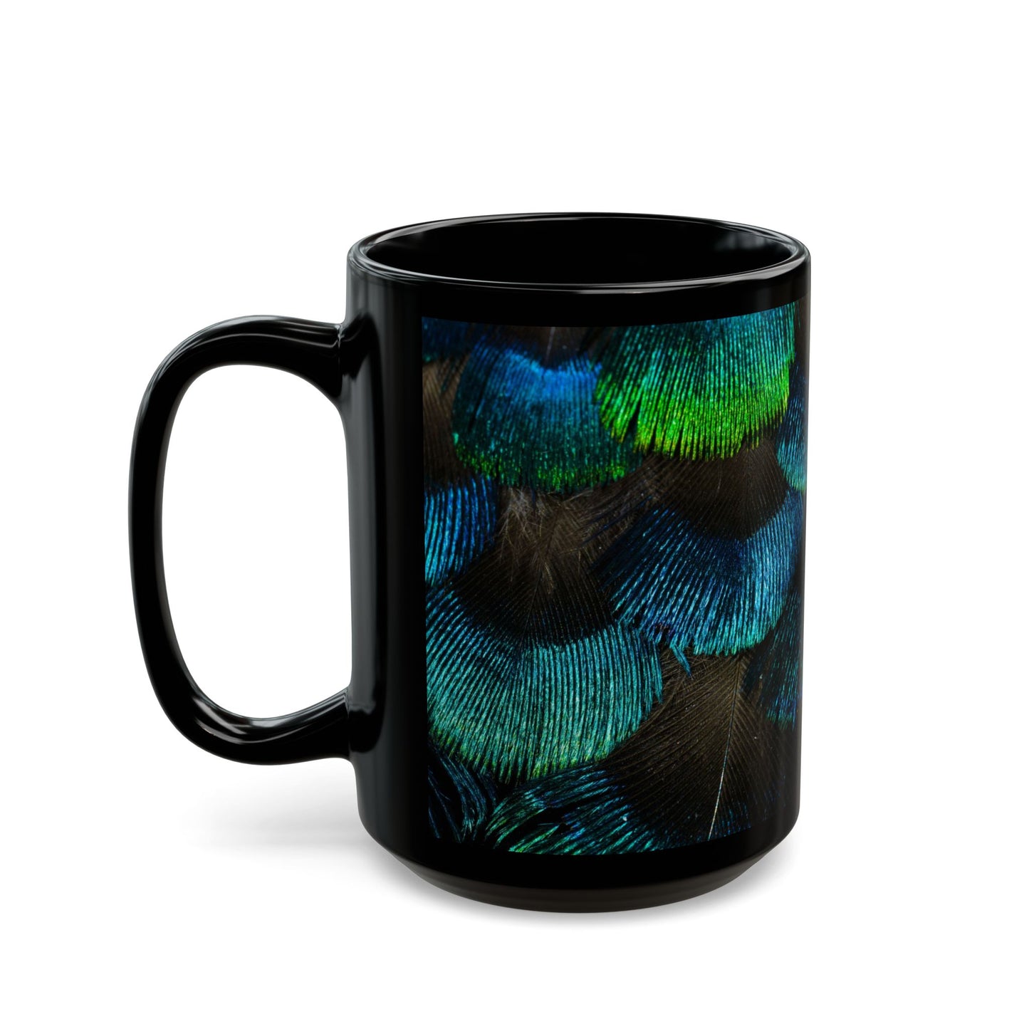 Vibrant Peacock Feathers Black Coffee Mug - Perfect for Nature Lovers