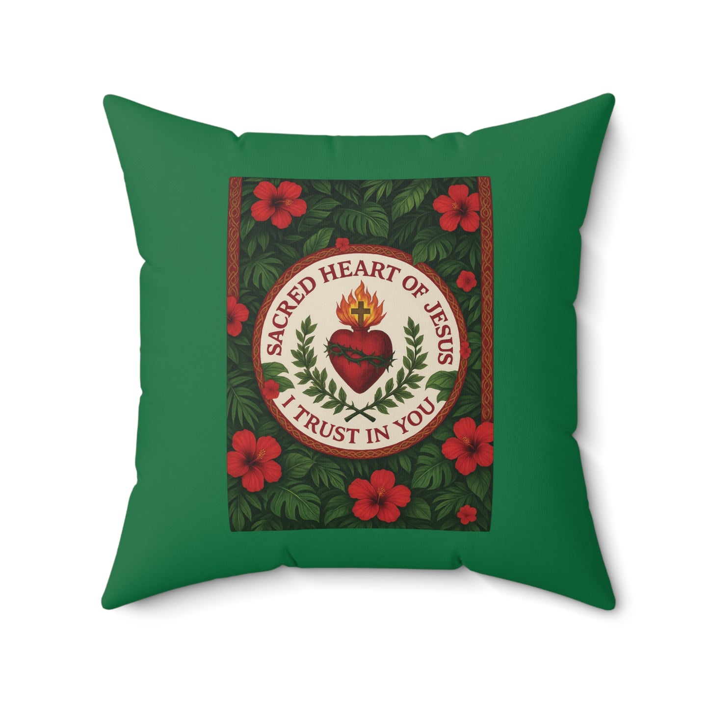 Religious Decorative Pillow - Accent Cushion, 4 Sizes / Sacred Heart of Jesus Prayer, Dark Green