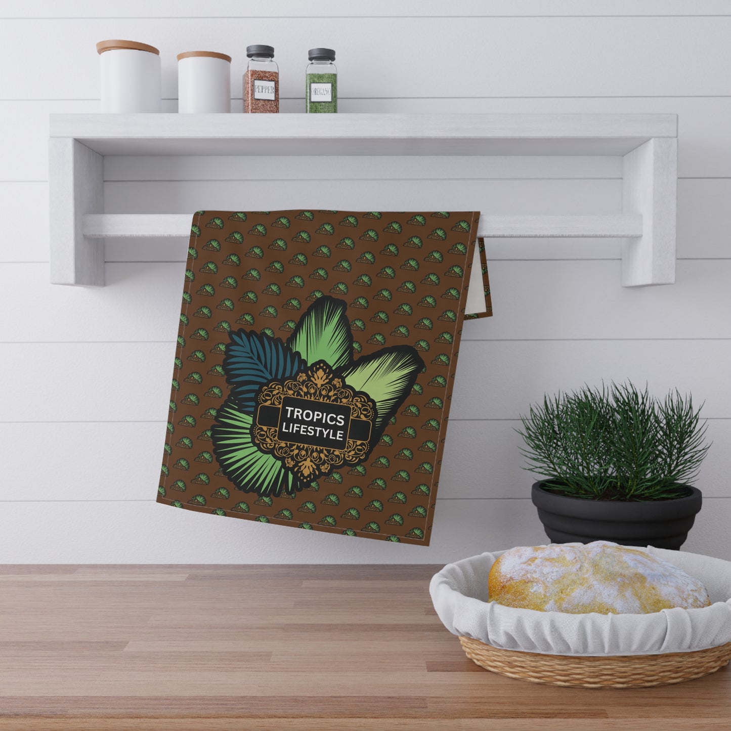 Tea Towels (cotton, poly), Tropics Lifestyle Deco Plant Logo, Micros Brown