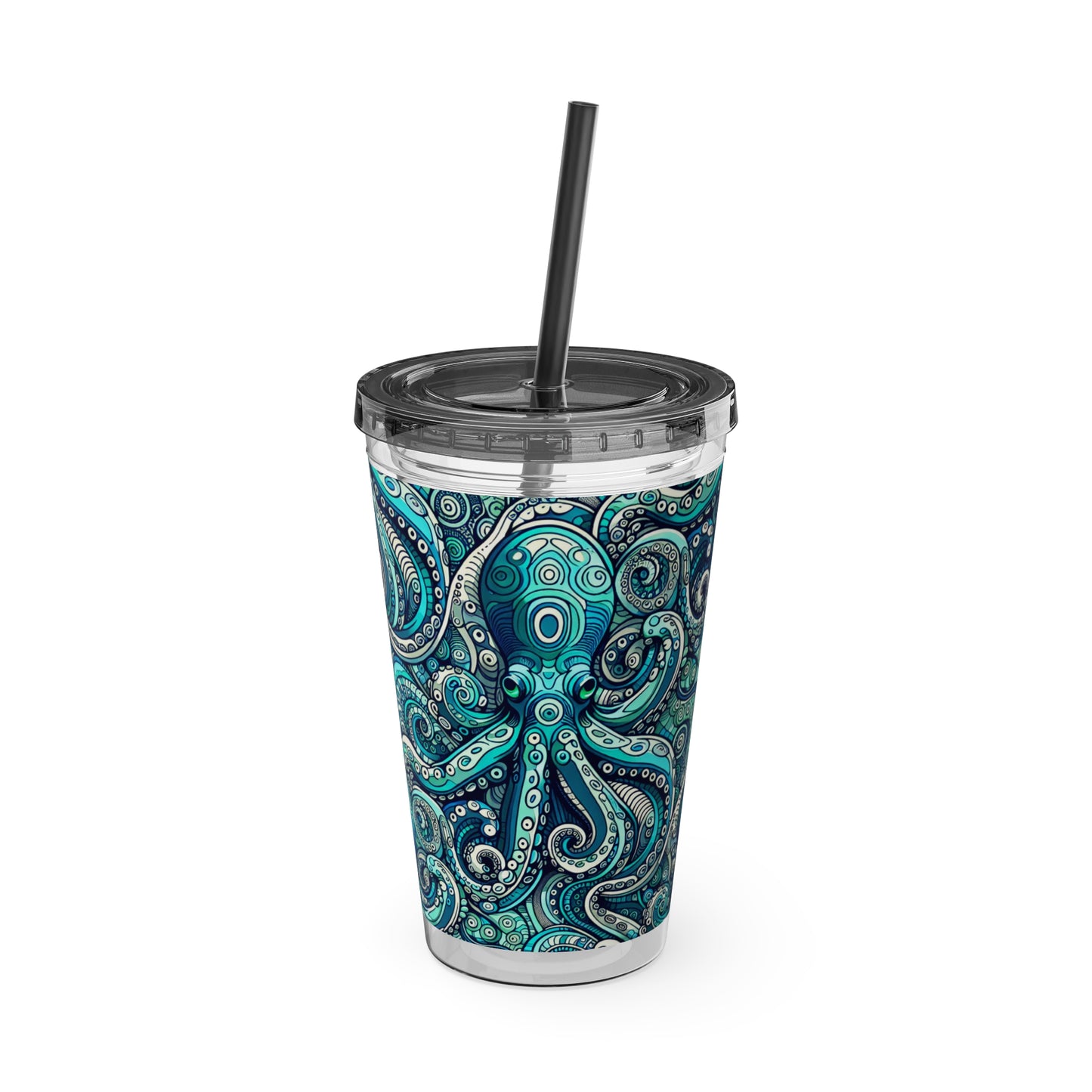 Tropical Tumbler with Straw | 16oz Colorful Travel Cup / Aqua Octopus