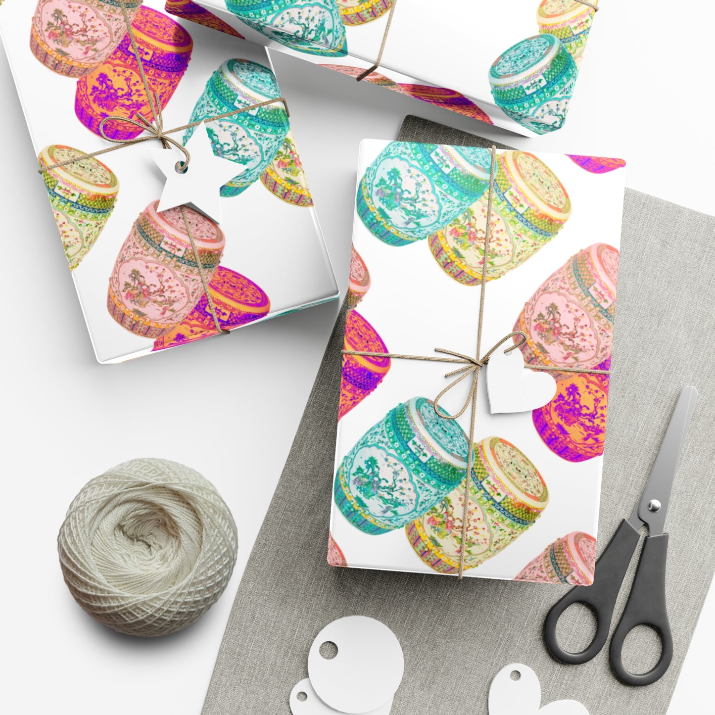 Wrapping Paper - Tropical Gift Wrap for All Occasions / 3 Sizes, 2 Finishes /Pop Art Porcelain Stools, White