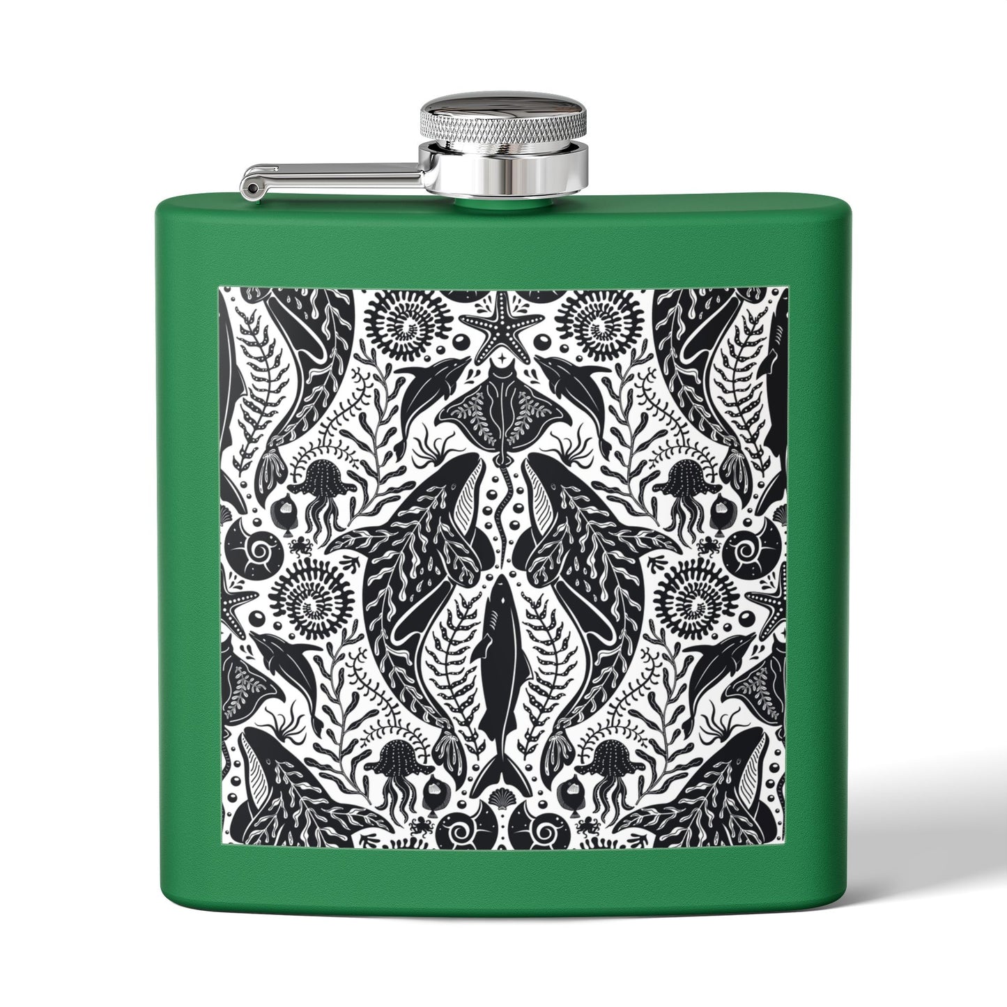 Tropical Stainless Steel 6 oz. Flask, Many Colors  – Mystic Ocean, Black/White