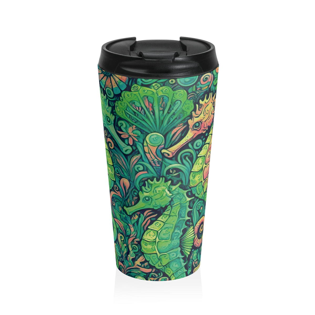 15 oz. Stainless Steel Travel Mug / Seahorse Trio, Lime