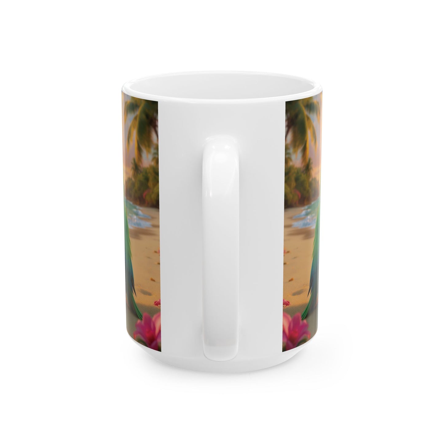 Ceramic White Mug - Tiki the Parrot on the Beach