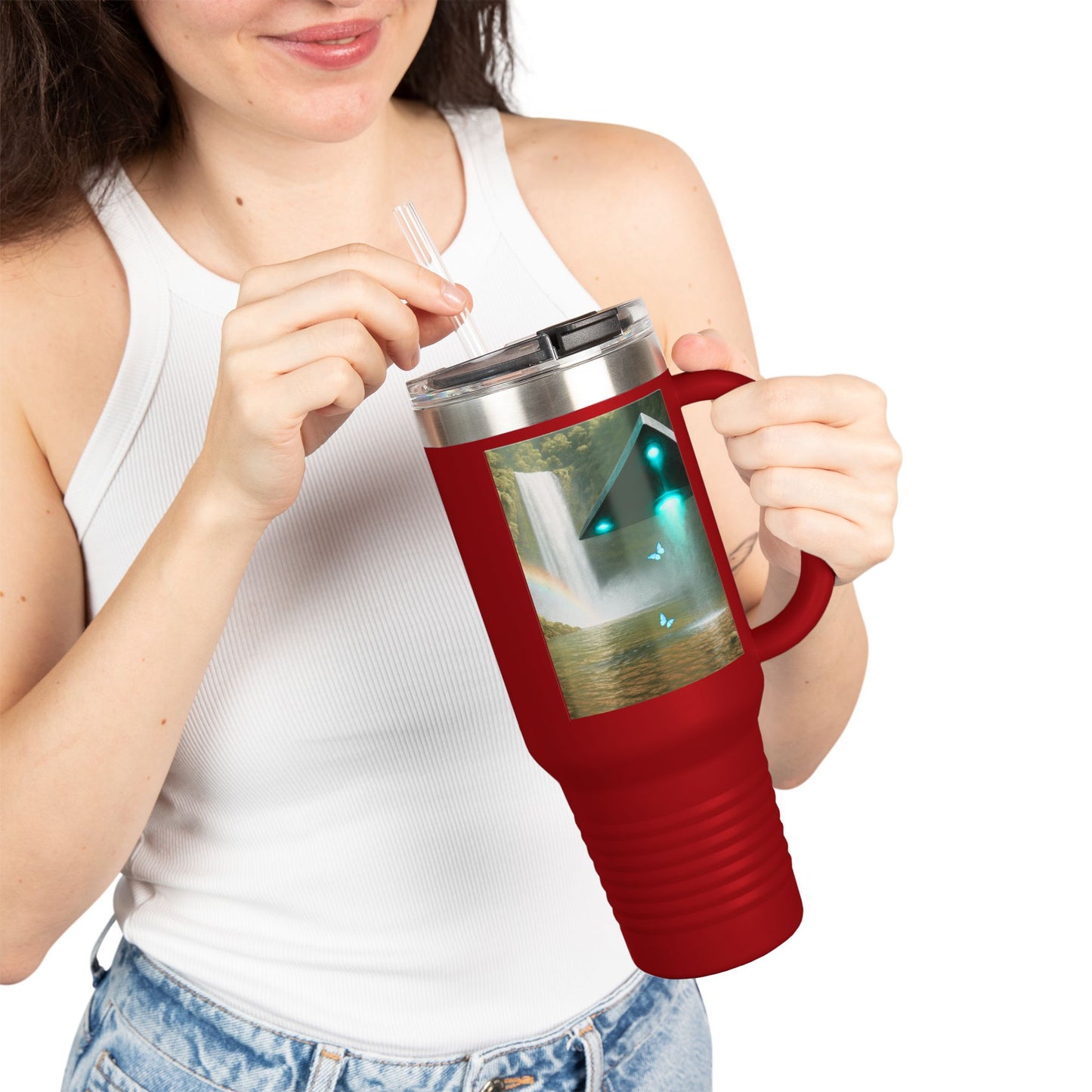 Insulated Travel Mug, 40oz / UFO and Waterfall in Rainforest