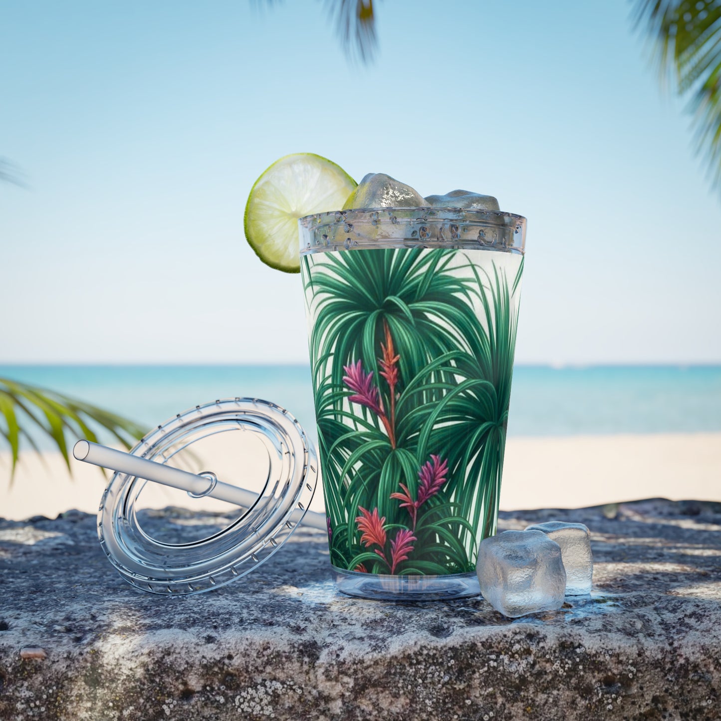 Tropical Tumbler with Straw | 16oz Colorful Travel Cup / Tiny Palm Island