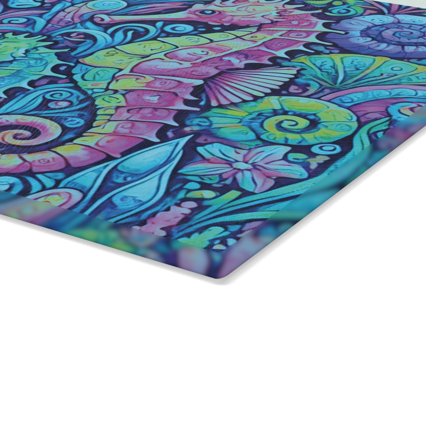 Glass Cutting Board, 2 sizes - Seahorses Turquoise Pop