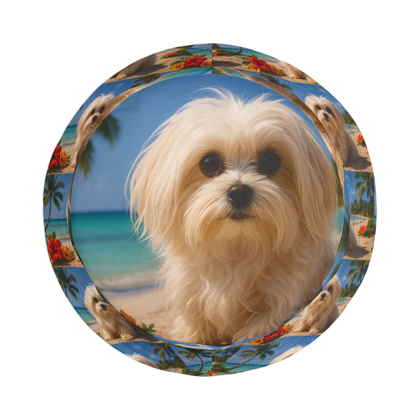 Tropical Polyester Bucket Hat, 2 Sizes - Puppy Ariel the Dog at the Beach