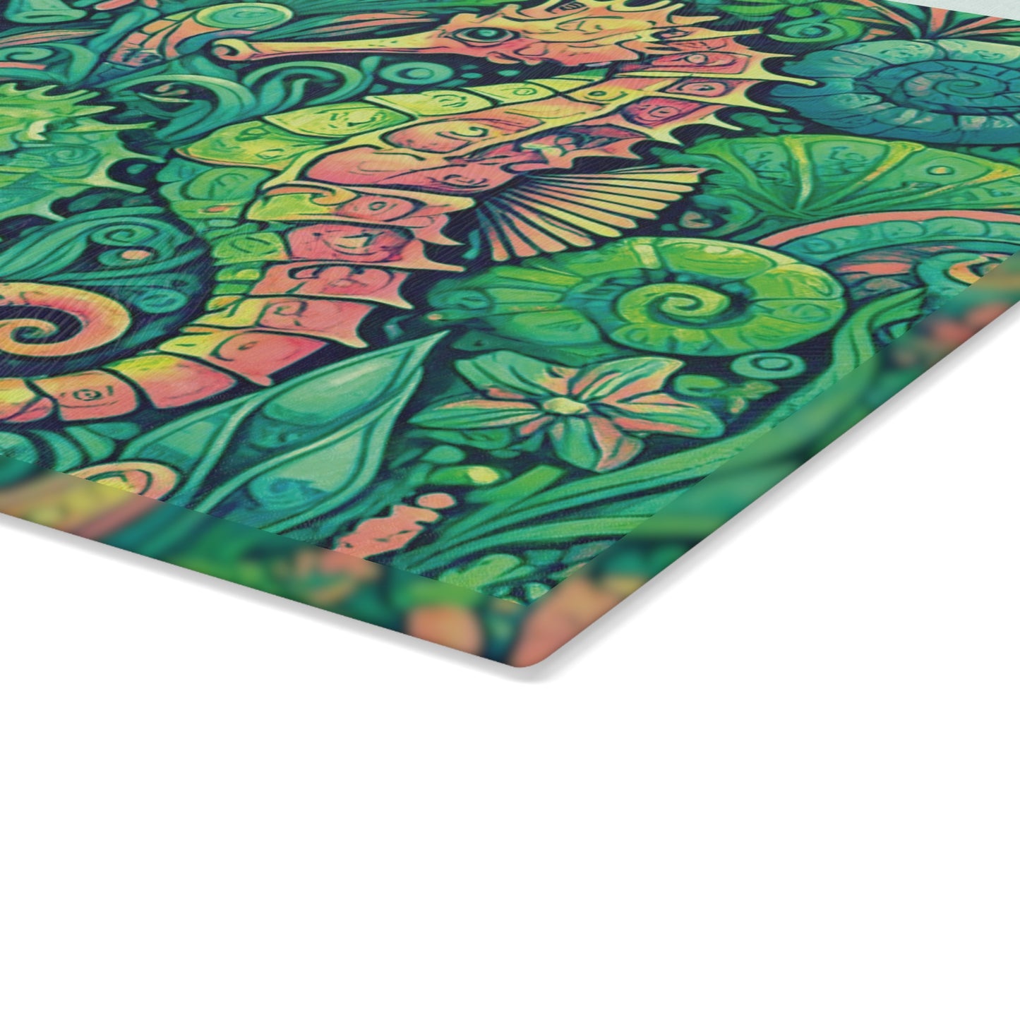 Glass Cutting Board, 2 sizes - Seahorses, Lime