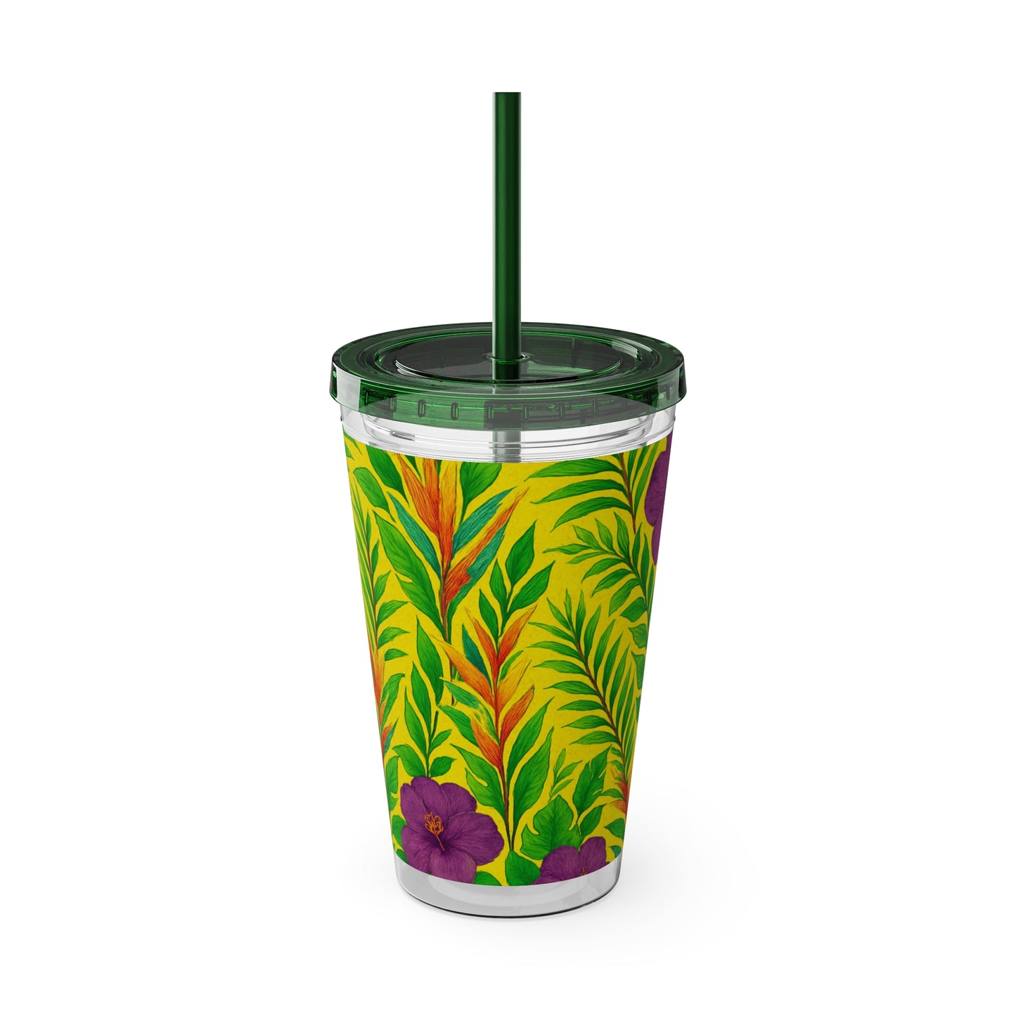 Tropical Tumbler with Straw | 16oz Colorful Travel Cup / Midnight Flower Yellow