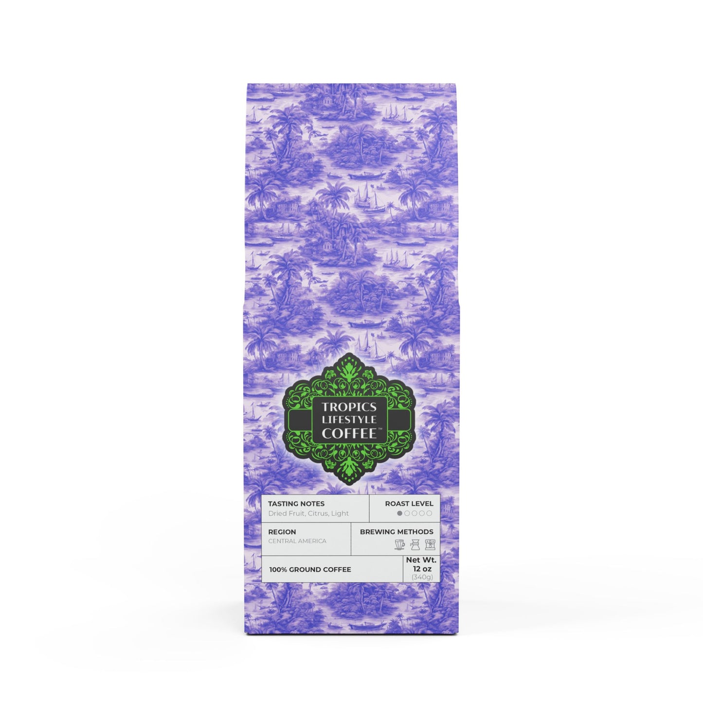 Beach Sunrise Blend™ (Light Roast) Specialty Grade Craft Coffee / Tropical Toile, Purple