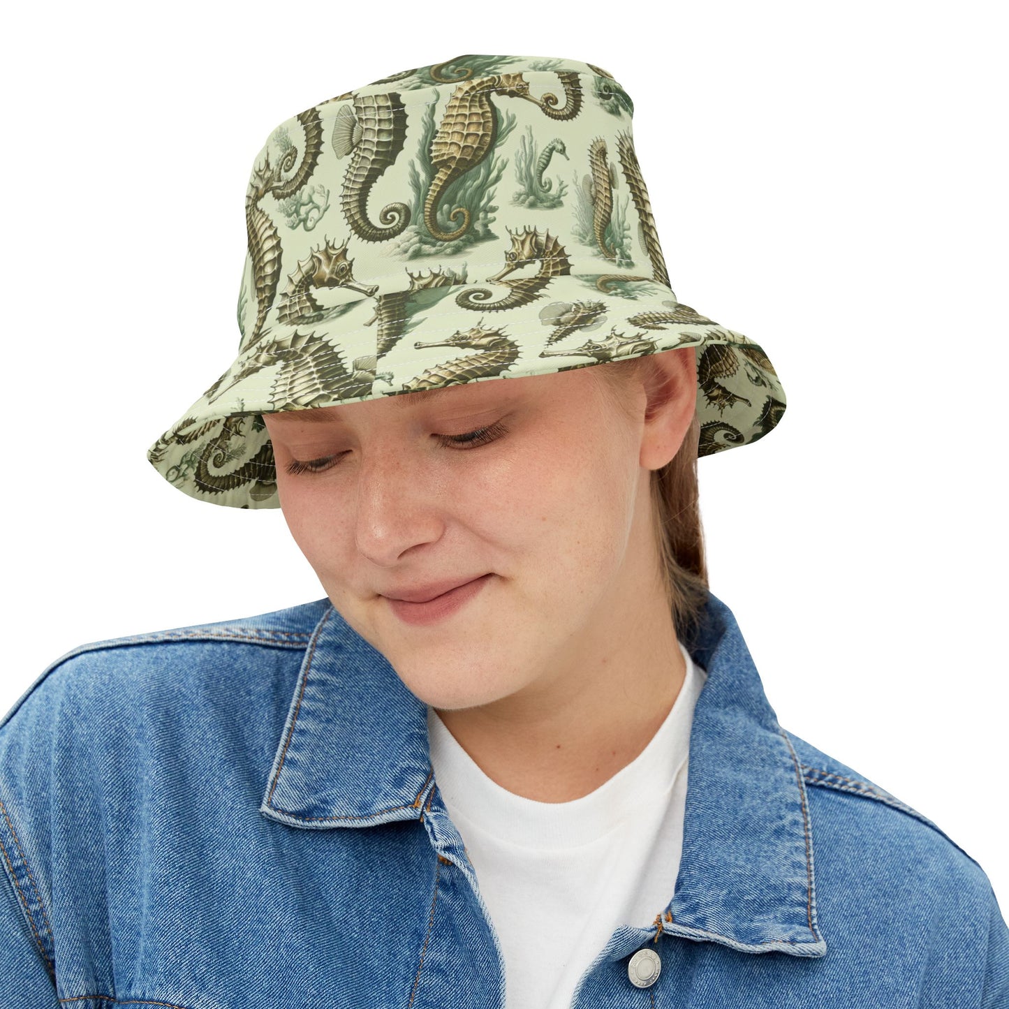 Tropical Polyester Bucket Hat, 2 Sizes - Green Toile Seahorses
